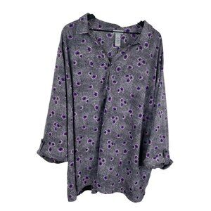 Catherines Top Women's Button Up 3/4 Sleeves Floral Gray Size 5X Career Stretch